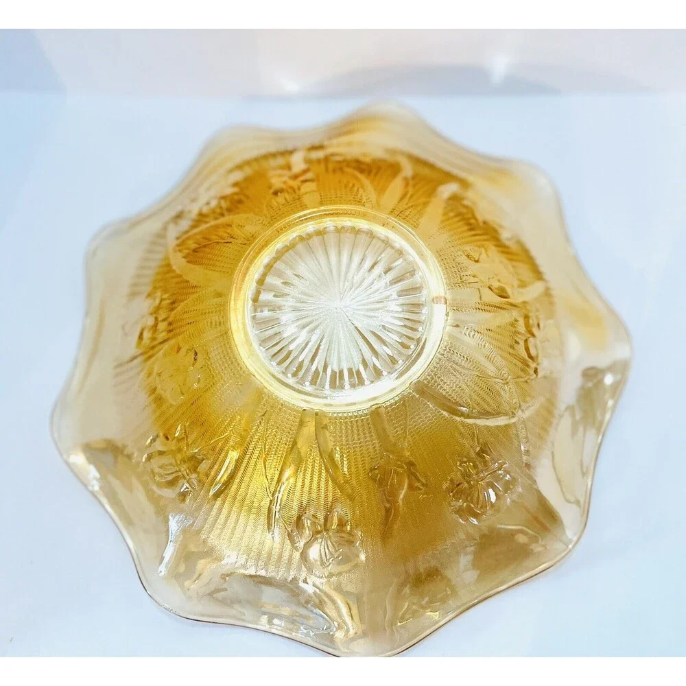 Jeannette Iris Herringbone Marigold Carnival Glass 11” Ruffled Fruit Bowl